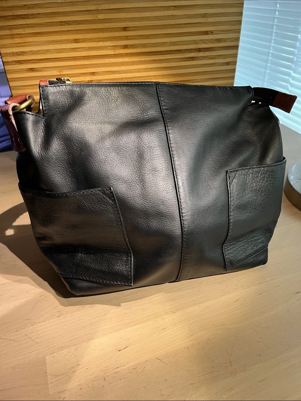 Sundance Black/Chestnut Brown Leather Accent with Cream Interior hobo bag